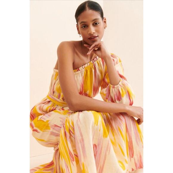 Anthropologie X Little Lie Costa Rica One Shoulder 10% Linen MIDI Dress Sz Med - Picture 2 of 11